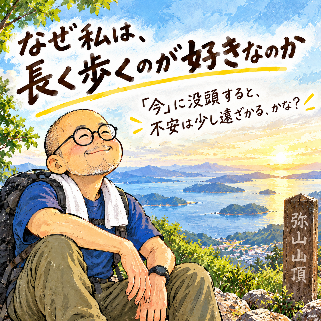 宮島の弥山を長く歩き、「今」に没頭する心地よさをイメージしたイラスト