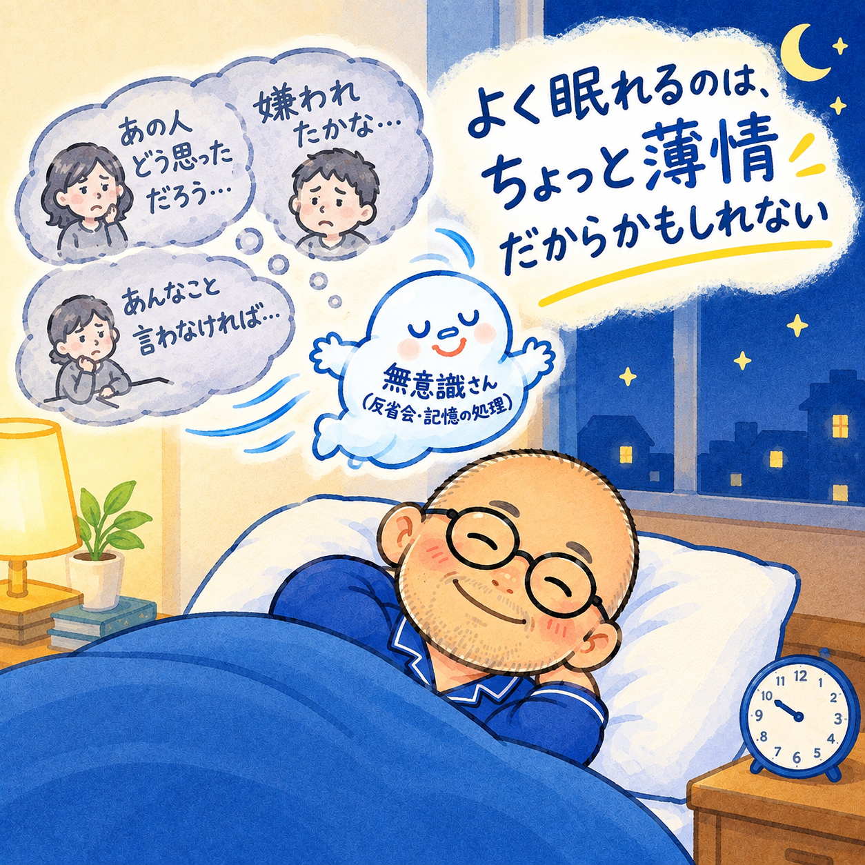 よく眠れるのはちょっと薄情だからかもしれないというエッセイのイメージ画像。パジャマ姿で眠る鍼灸師と、悩みを処理する無意識さん